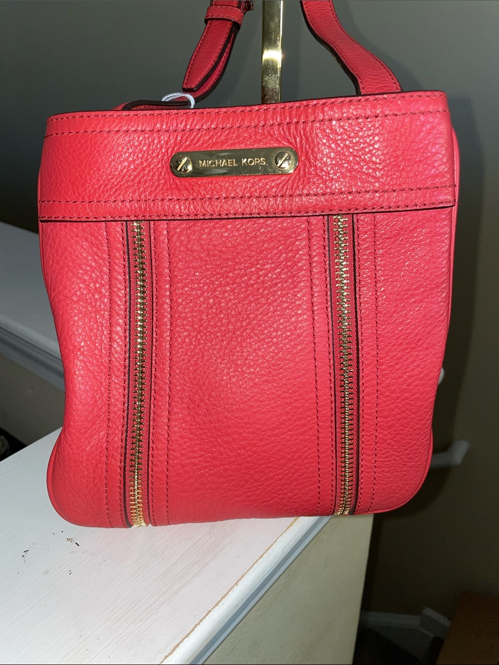 Michael Kors Coral-Red Pebbled Leather Crossbody with Gold Hardware